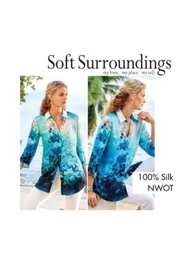 Soft Surroundings 100% Silk Jolene Blue Ombre Floral 3/4 Sleeve Button Up NWOT L